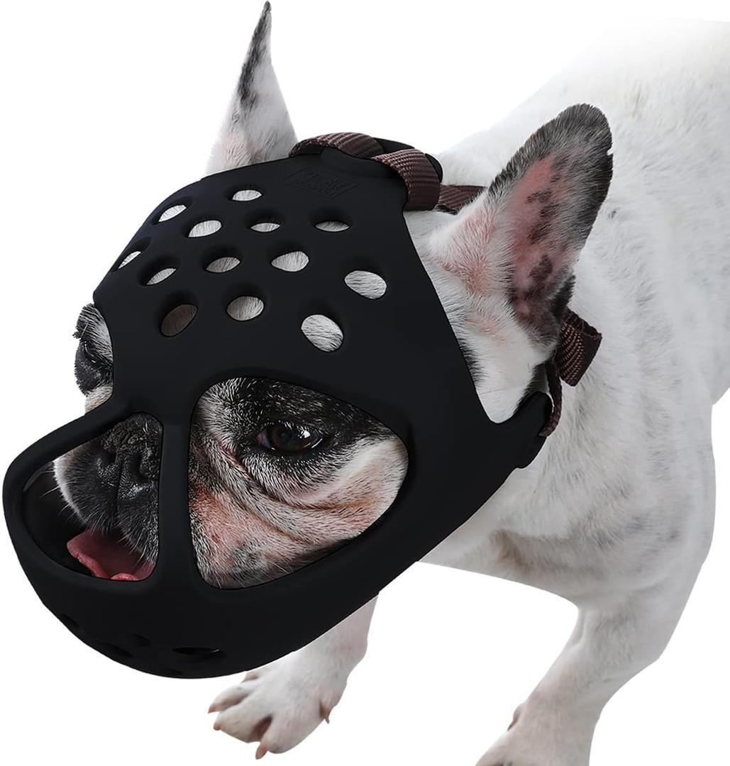 BARKLESS Dog Muzzle for Short Snout, Soft Frenchie Muzzle for Biting, Chewing, Licking for French Bulldogs Boston Terriers, Ideal for Flat-Faced Aggressive Dogs Grooming Walking, Allows Drinking (S (Head Cir: 13"-14.5"), Black)