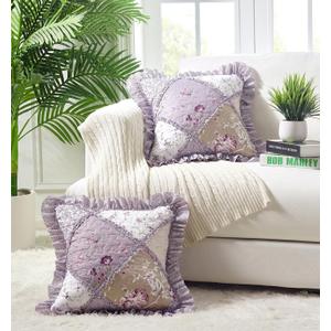 Brilliant Sunshine Lilac and Beige Rose Patchwork Ruffle Pillowshams, Quilted Decorative Pillow Covers Set, Square Throw Cushion Cases for Couch, Reclining Chair, Car, Bed, 18x18, Pack of 2, Lilac