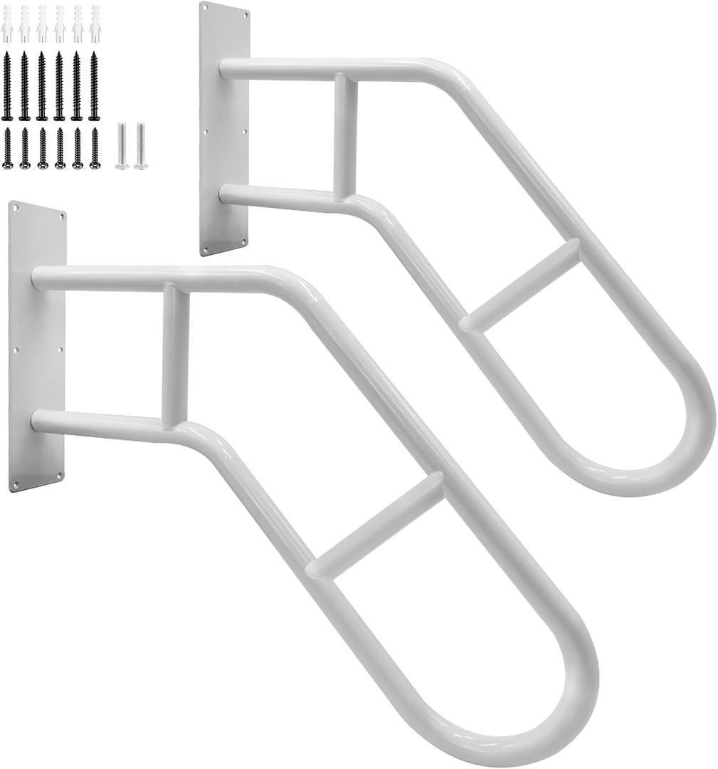 2 Pack Hand Rails for Outdoor Steps, 28" Step Grab Bar for Outdoor, Step Railing, Garage Railing with Matte Finished, U Shaped Handrail Wall Mount, Exterior Handrails 1-2 Steps for Porch, White