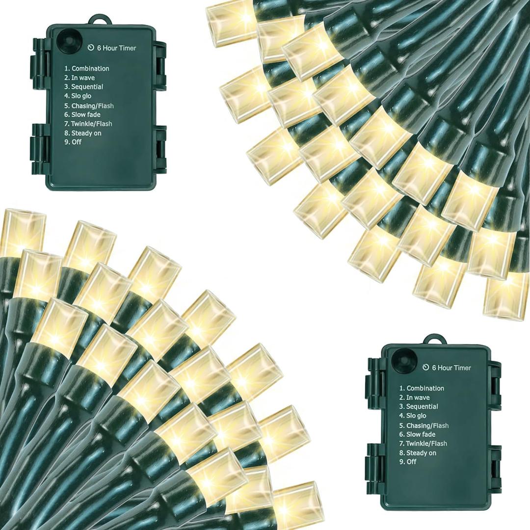 Battery Operated Christmas Lights, 33 FT 100 LED Mini String Lights with Timer and 8 Modes, Green Wire Outdoor Waterproof String Lights for Indoor Holiday Party Garden Decor, Warm White 2 Pack