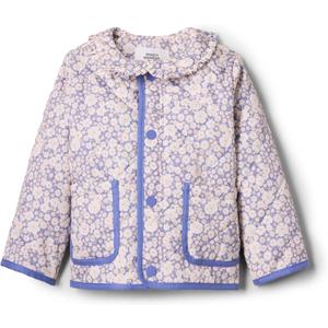 Amazon Essentials x Sofia Grainge Toddler and Baby Girls' Midweight Quilted Field Jacket with Ruffle (12 Months, Blue Ivory Delicate Floral)