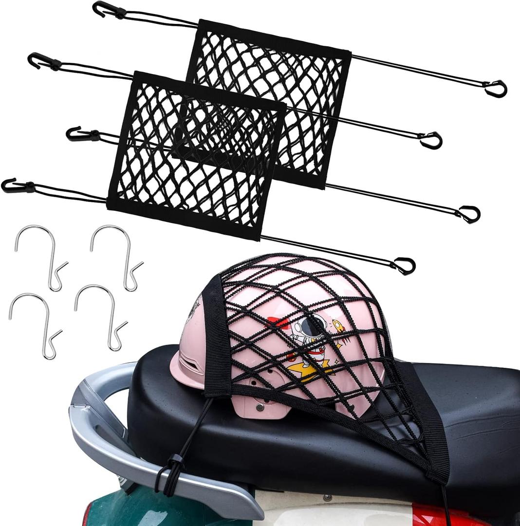 2PCS Motorcycle Bungee Cargo Net 10.3"X15.4" High Elastic Double Layer Thicken Helmet Net Luggage Rack with Adjustable Hooks for Bike Motorcycle Accessories