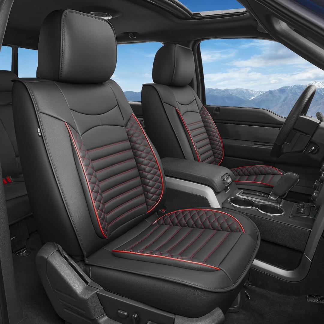 AOMSAZTO for Ford F150 Seat Covers 2009-2025 2026& F250 F350 F450 2017-2026 Super Crew,Lighting,SuperDuty Crew (XL STX XLT) Waterproof Full Coverage Seat Covers(5 Seats,Black&Redline)