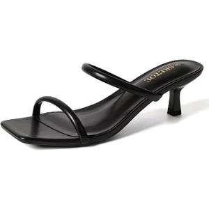 Kitten Heels for Women Comfortable Two-Strap Open Toe Sandals with Padded Footbed Square Toe Heels (9, Black)
