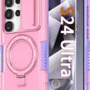 Magnetic Case for Samsung Galaxy S24 Ultra, with Ring Stand [Screen Protector] [Compatible with MagSafe] Military Grade Shockproof Case with Camera Cover, Protective Cover for Samsung S24 Ultra, Pink