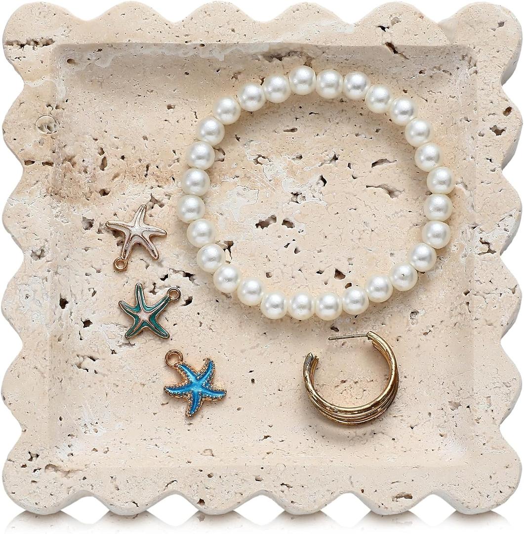 5.5 Inch Small Travertine Scallop Edge Stone Tray Decorative Marble Jewelry Dish Tray Gift(Square)