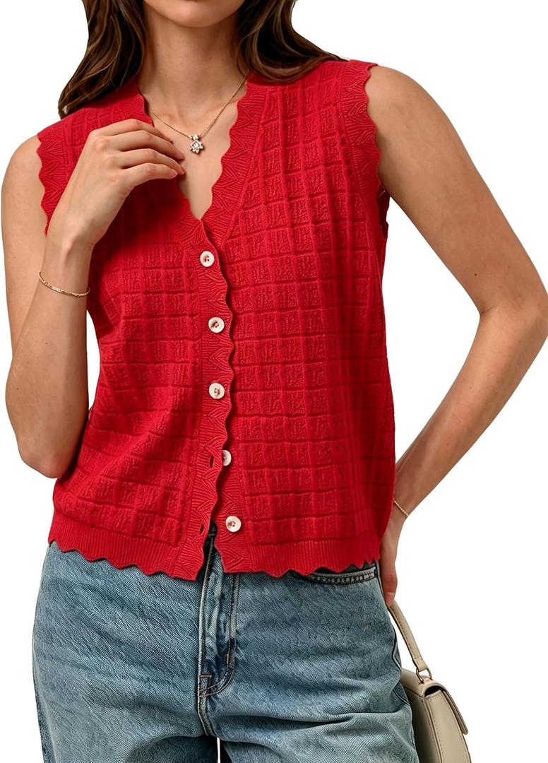 Trendy Sweater Vest Waffle Knit Top Vest V Neck Cardigan Sweater Casual Sleeveless Tops Cute Ruffle Vest (S)