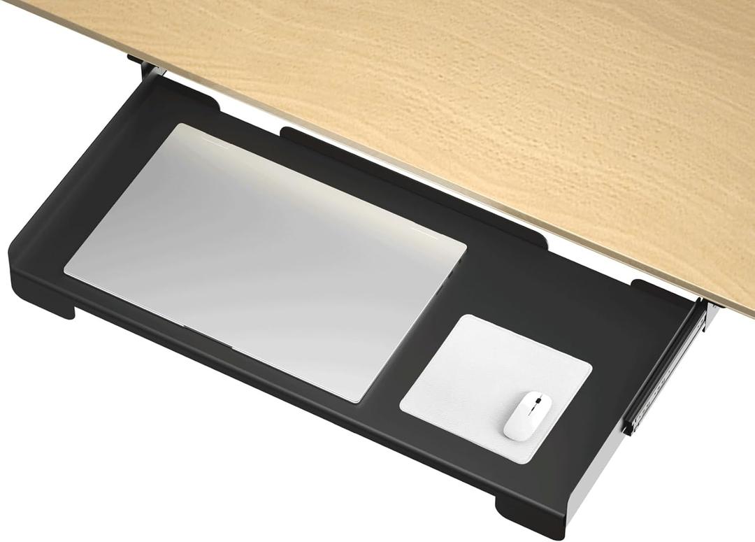 26 Inch Under Desk Mounted Sliding Loptop Drawer, Desktop Extension Pull-Out Laptop Tray for Office Desk, Extra Storage Organizer for Sit Stand Workstation