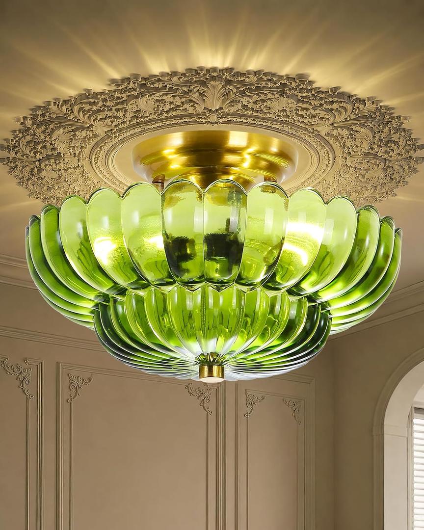 Semi Flush Mount Ceiling Light Fixture Vinatge Green Ceiling Lights Mid Century Modern Milk White Glass Close to Ceiling Lighting Fixtures for Bedroom Hallway Foyer Bathroom Kitchen Laundry Room, 11.8 inch