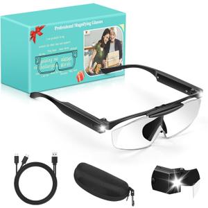 250% Magnifying Glass with Light, Rechargeable Head Magnifier Glasses with Lights, Flip-top Hands Free Magnifier Eyeglasses for Close Work, Jewelry Reading Craft Hobby, Black