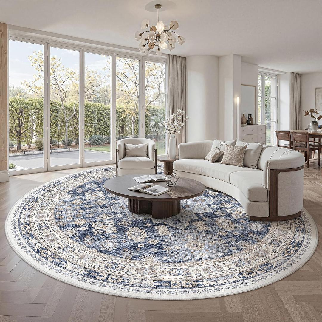 zesthome 9ft Round Rugs for Living Room, Non-Slip Washable Round Area Rugs, Ultra-Thin Large Circle Rugs, Soft Low Pile Rug for Bedroom, Kitchen - Vintage Stain Resistant Round Rug (Blue/Beige,9'x9')
