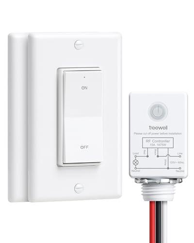 TREEWELL 3 Way Wireless Light Switch and Receiver Kit, Decorator Rocker Wall Switch, 15A High Power, 200FT Long RF Range, No in-Wall Wiring, Programmable & Expandable for Ceiling Light, Fans, Lamps