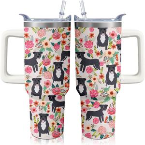 40oz Pitbull Dog Tumbler with Handle and Straw, Funny Stainless Steel Insulated Cup with Lid and Straw, Travel Coffee Mug Water Bottle, Birthday Mothers Day Gifts for Women Men Animal Lovers