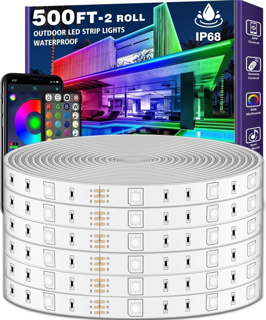 500ft Outdoor LED Strip Lights Waterproof,IP68 Outside Led Light Strips Waterproof with App and Remote,Music Sync RGB Exterior Led Rope Lights with Self Adhesive Back for Roof,Deck,Balcony
