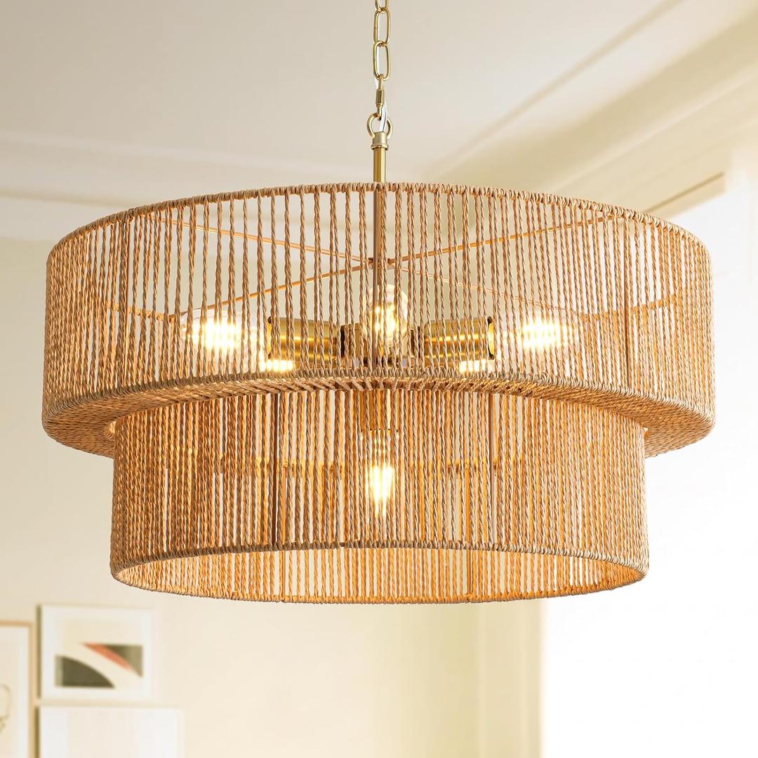 6-Light Boho Rattan Chandelier, 23.6" Rattan Pendant Light Fixture with 2-Tier Hand-Woven Shade, Farmhouse Chandelier Ceiling Light Fixture for Dining Room, Living Room, Bedroom, Kitchen Island, Foyer