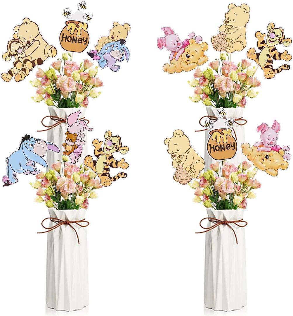Winnie Centerpieces 24PCS Classic Pooh Centerpieces Oh Baby Winnie Table Toppers Cute Table Toppers On Sticks Pooh Cutouts Bear Party Decorations for Winnie Baby Shower Table Decorations