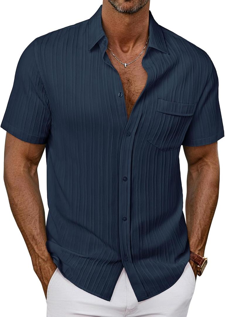 PJ PAUL JONES Men's Casual Button Down Shirt Textured Short Sleeve Summer Shirt with Pocket (S, Navy Blue)