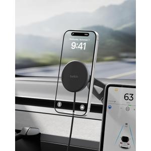 Belkin Tesla Phone Mount, Magnetic Wireless Car Mount for EV (Strong Magnet) w/ 3.3ft USB C Cable, Qi2 MagSafe Compatible Fast Charging for iPhone 17/16/15, Model 3, Model Y, etc. - Tesla Accessories
