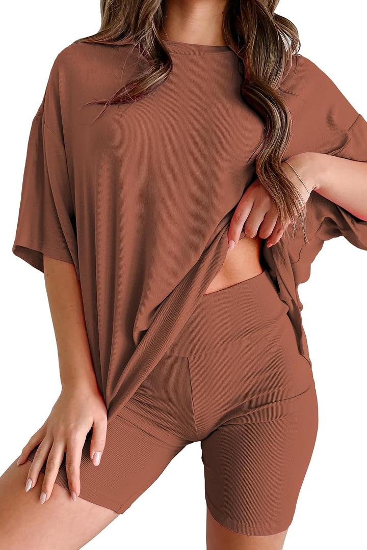 Womens 2 Piece Lounge Set 2026 Summer Travel Outfit Casual Short Sleeve Oversized Tshirts & Biker Shorts, S