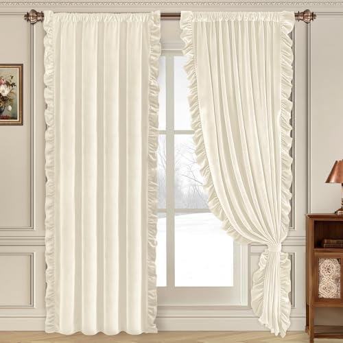 Likiyol White Velvet Curtains for Living Room 84 Inch Ruffle Christmas Blackout Curtains for Bedroom with Tieback, Thermal Insulated Rod Pocket Window Curtain Darkening Drapes 52" W x 84" L, 2 Panels