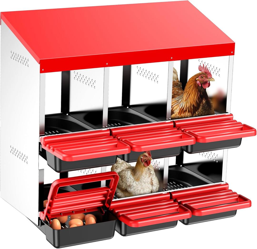 Two-Tier Chicken Nesting Box, 6 Hole Metal Chicken Egg Laying Box with Swing Perch and Rollout Egg Collection for Chicken Coop Red (6 Compartments)