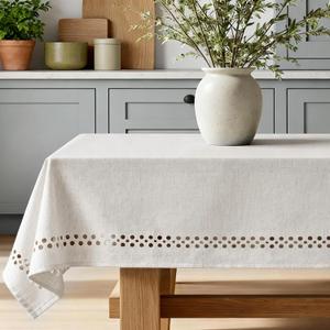 Natural Cotton Linen Tablecloth, Rectangle Tablecloth with Decorative Cutouts, Stain Resistant & Wrinkle Free Table Cover for for Dining Table, 84" x 60"