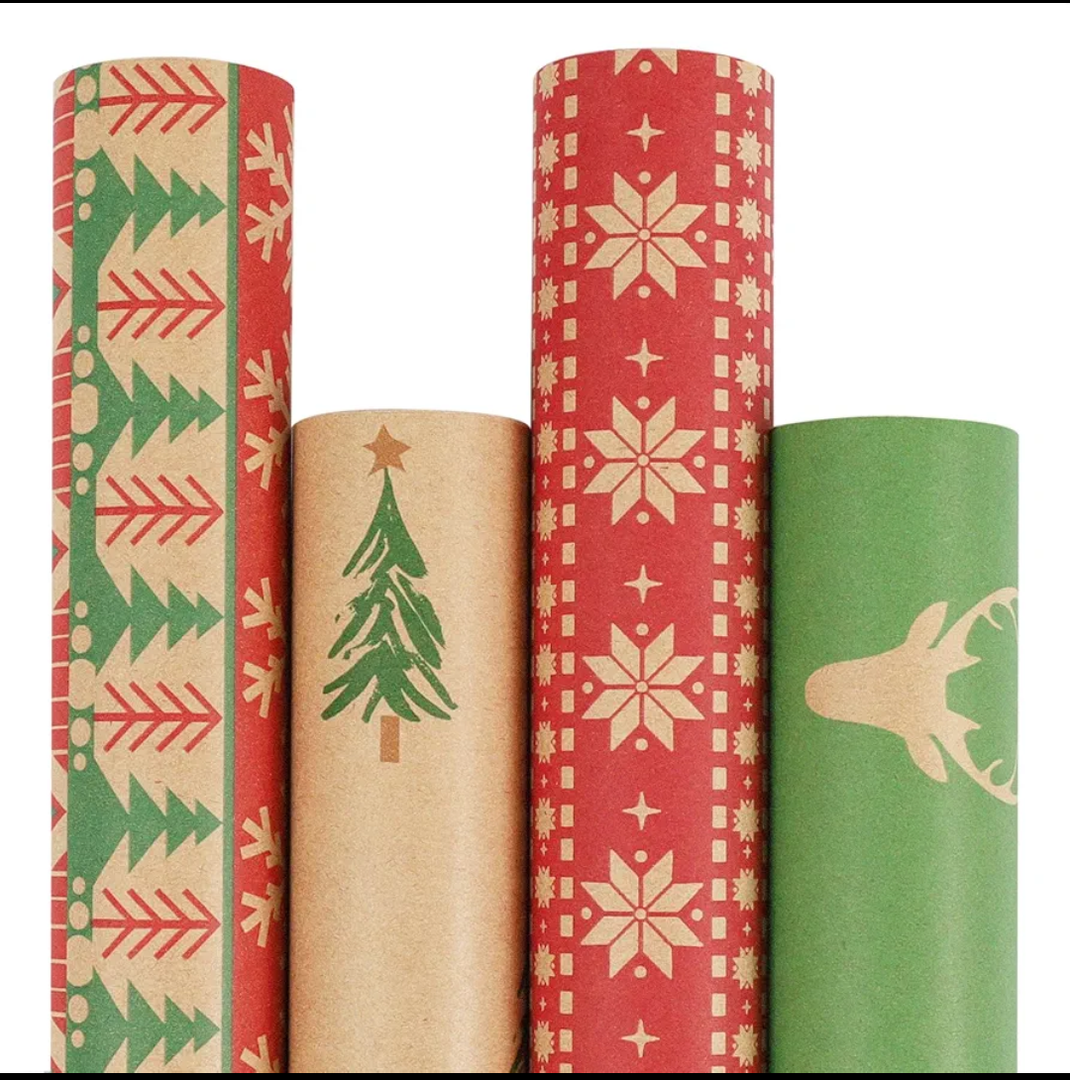 LaRibbons Kraft Christmas Wrapping Paper Set, 30 Inch X 10 Feet (4 Rolls: 100 Sq. Ft. Ttl) Snowflake, Green Tree, Deer Antlers and Gift Box Shapes Design for Xmas, Party, Holiday, Celebration