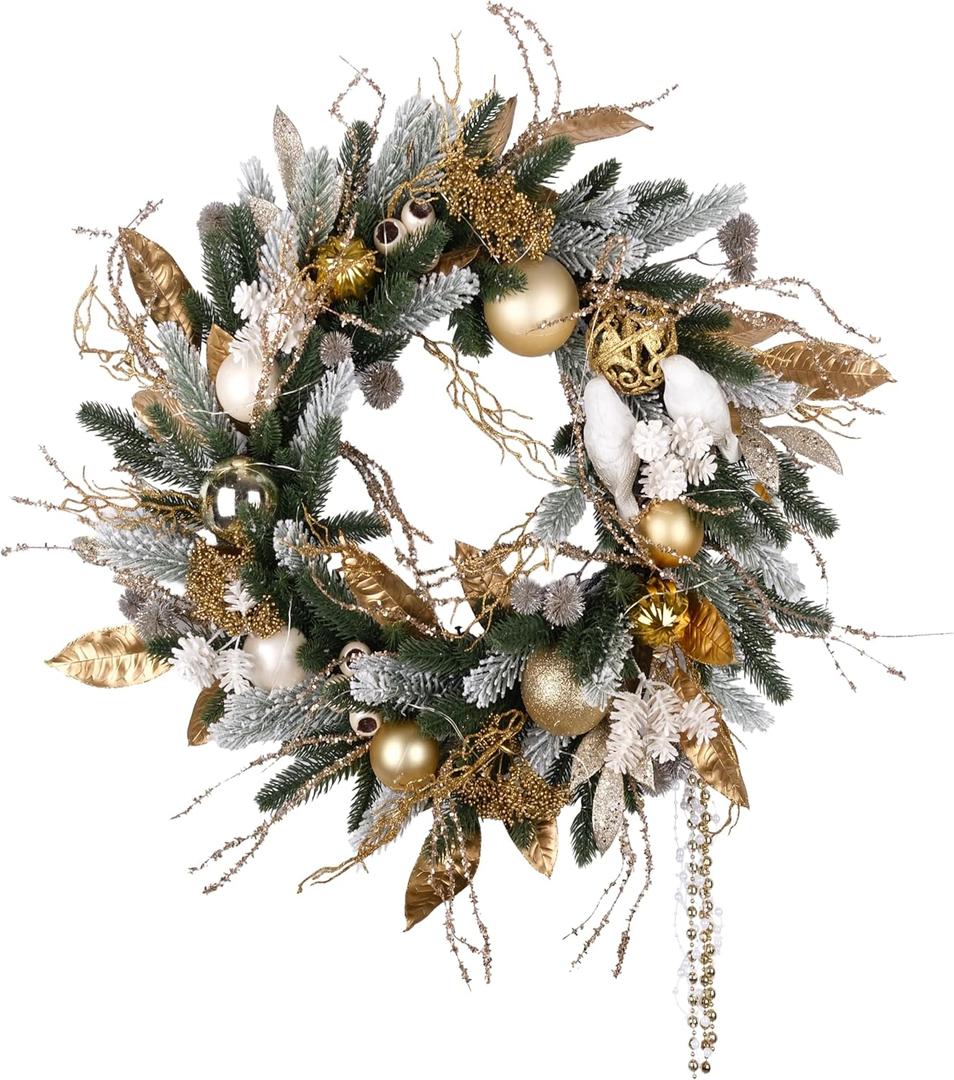 Pre-lit Christmas Wreath 28 Inch, Gold Christmas Wreath with Resin Love Birds Decoration for Home Front Door Porch Wall Winter Xmas Holiday Decor