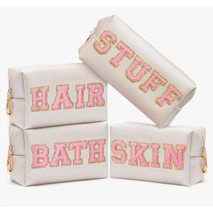 CY2SIDE STUFF Letter Makeup Bag - 4PCS Pink Stuff Hair Bath Skin Chenille Letter Patch Cosmetic Bag Preppy PU Leather Patch Pouch Waterproof Portable Zipper Travel Organizer Xmas Gifts for Women Girls