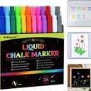 24 Chalk Markers, Liquid Chalkboard Markers with 12 Vibrant Colors, 1mm Fine Points for Acrylic Fridge, Calendar Board, Window, Mirror, Glass