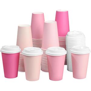40 Pcs 12 oz Pink Disposable Coffee Cups with Lids Hot Pink Light Pink Gradient Paper Cups for Hot and Cold Beverage Water Juice Coffee Tea Party Wedding Bride Shower Supplies