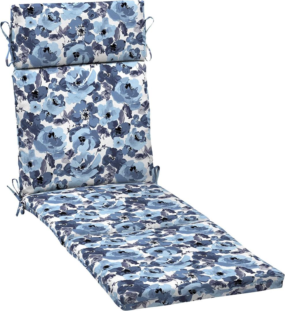 Arden Outdoor Chaise Cushion, 21 in x 72 in, Weather-Proof, Rain-Proof, Fade Resistant Patio Cushion for Chaise Lounger Blue Garden Floral