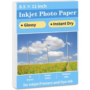 Reastar Glossy Photo Paper 8.5 x 11, 36 Sheets Inkjet Photo Printer Paper, Instant Dry Picture Paper for DIY Chip Bag, Flyers, Cards, Calendars and Brochures(180gsm/48lb)
