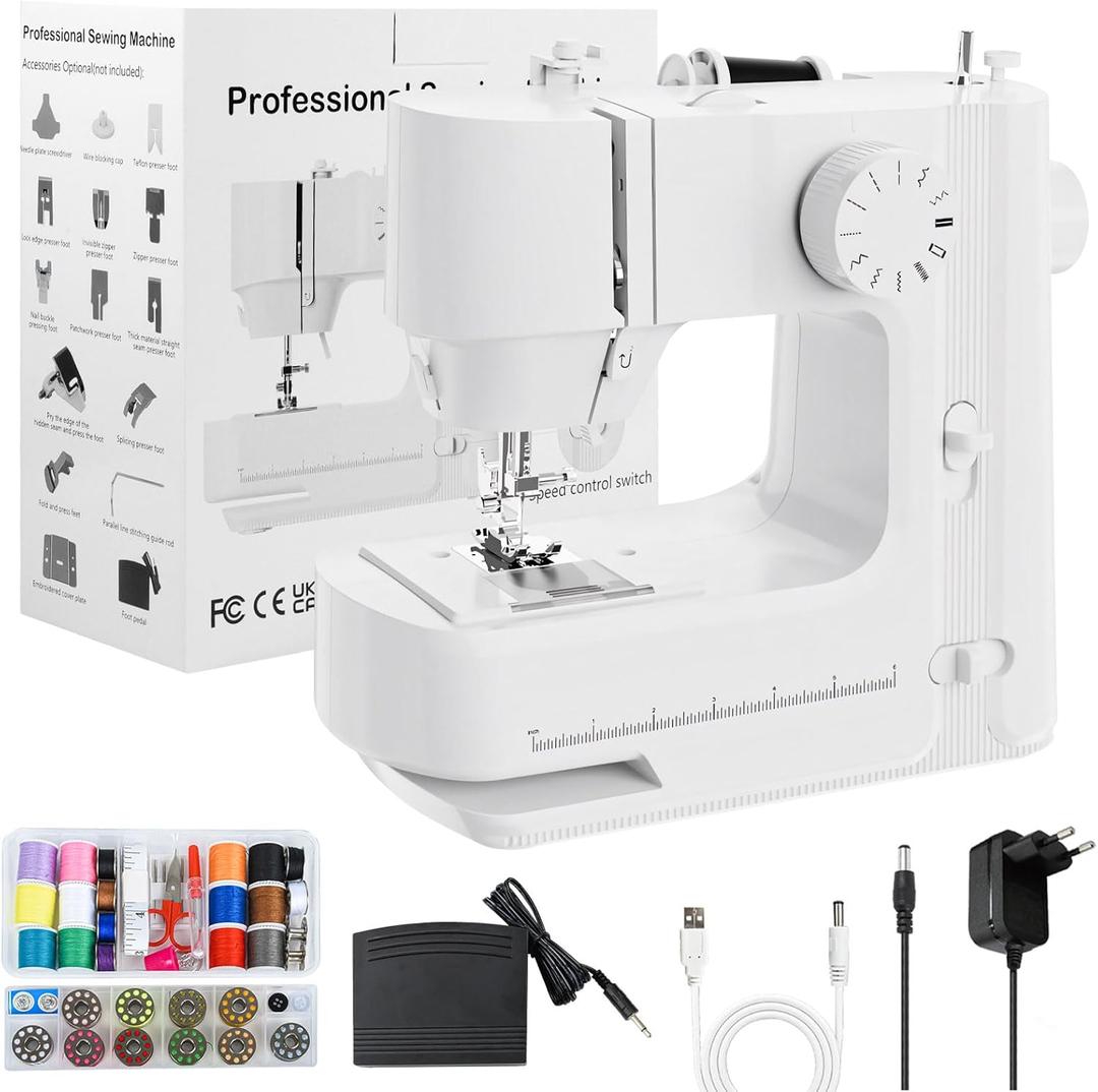 Sewing Machine - Sewing Machines for Beginners with Lights, Two Speed Adjustment Mini Sewing Machine with 12 Stitches, Forward&Reverse Knob, Easy to Use Suitable for Clothes,Fabrics, DIY Home (White)