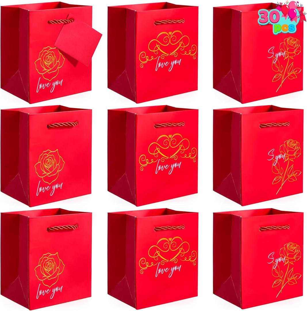 JOYIN 30 Pcs 4.5" Valentines Day Red Gift Bags, Treat Bag with Cards, Paper Goodie Bag with 3 Gold Foil Designs, Valentines Small Goodie Gift Bags for Cookie Snack Storage,Wedding Party Favor