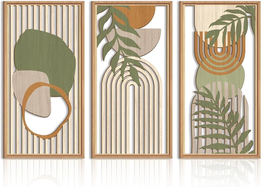 IARTTOP Large Abstract Geometric Wood Wall Art Framed Boho Set of 3 Mid Century Modern Neutral Decor for Bedroom Living Room Office - 16 x32, Green