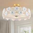 20" Gold Modern Semi Flush Mount Ceiling Light Fixture with Glass & Ceramic Flowers, 5-Light Glass Drum Chandelier for Living Room Dining Room Kitchen Bedroom Bathroom Entryway Hallway Closet Laundry