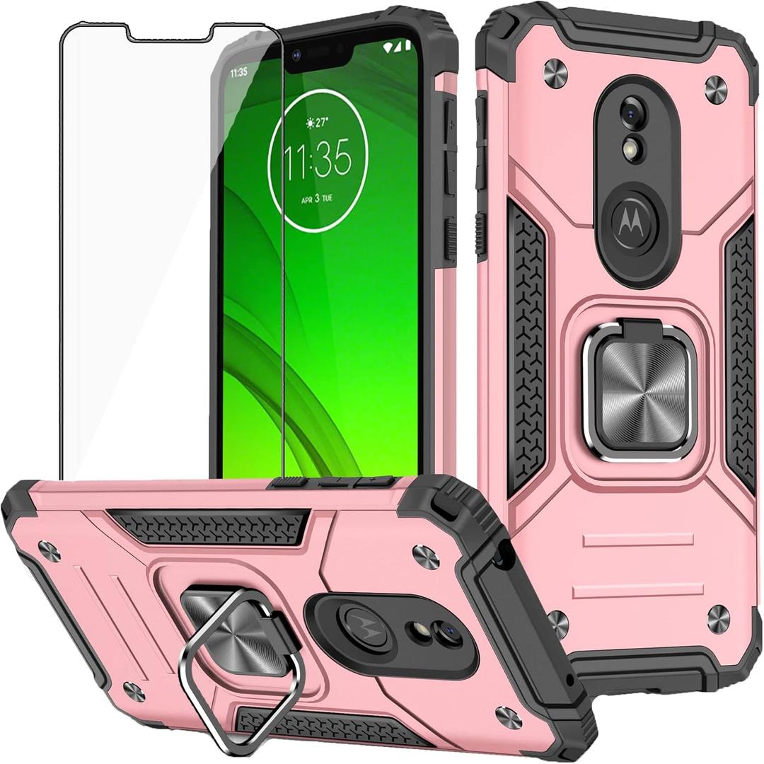 Asuwish Compatible with Moto G7 Power/MotoG7 Supra/Moto7 Optimo Max Case and Tempered Glass Screen Protector Ring Holder Kickstand Phone Cover for Motorola MotoG7Power G 7 7G G7Power 7th Gen Rose Gold