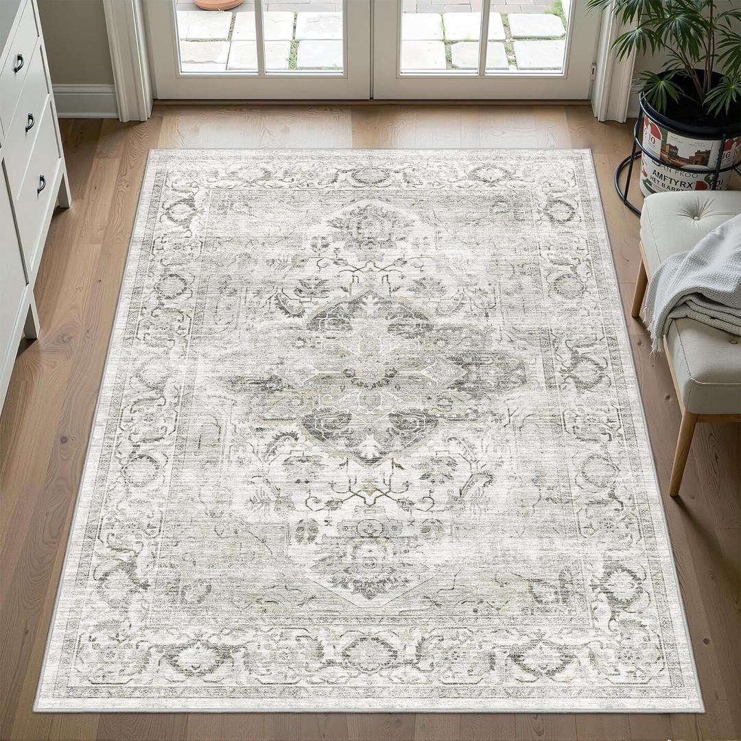 3x5 Rug with Non Slip Backing - Stain Resistant Washable Rugs for Living Room?Bedroom & Dining Room?Vintage Printed Home Decor Area Rug (Ivory/Gray,3'x5')