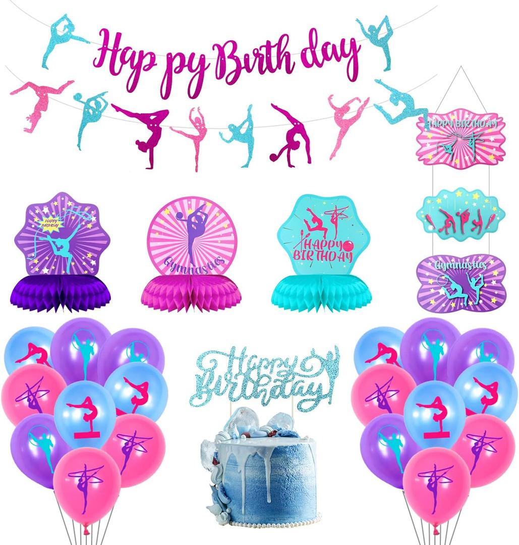 Gymnastics Party Decorations - Birthday Supplies With Banner, Honeycomb Centerpieces, Latex Balloons for Girls Dance Theme Party (A) (Pink, Purple)