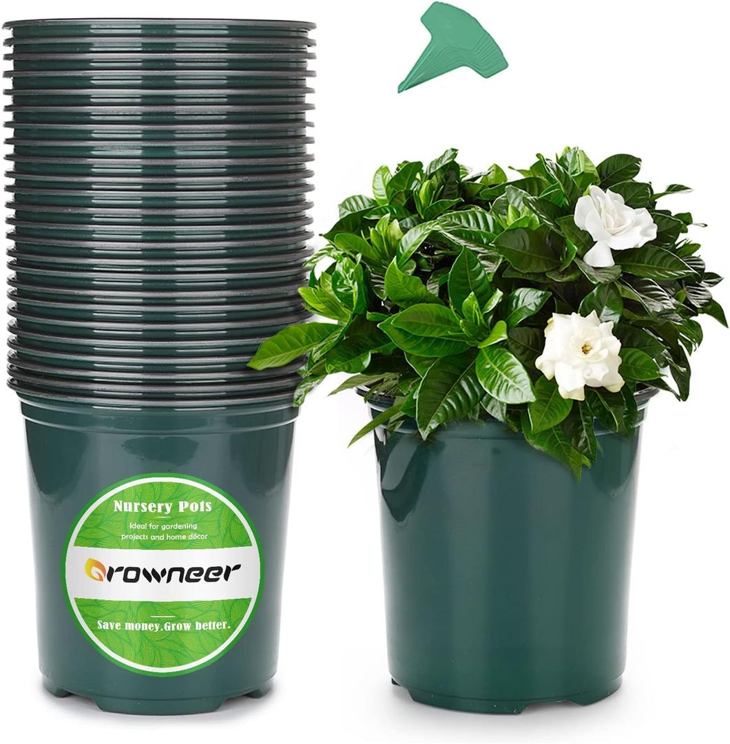 GROWNEER 24 Set 6" 1 Gallon for Plants Flexible Nursery Pot with Drainage Hole and 15 Pcs Plant Labels, Flower Plant Container for Indoor Outdoor, Green