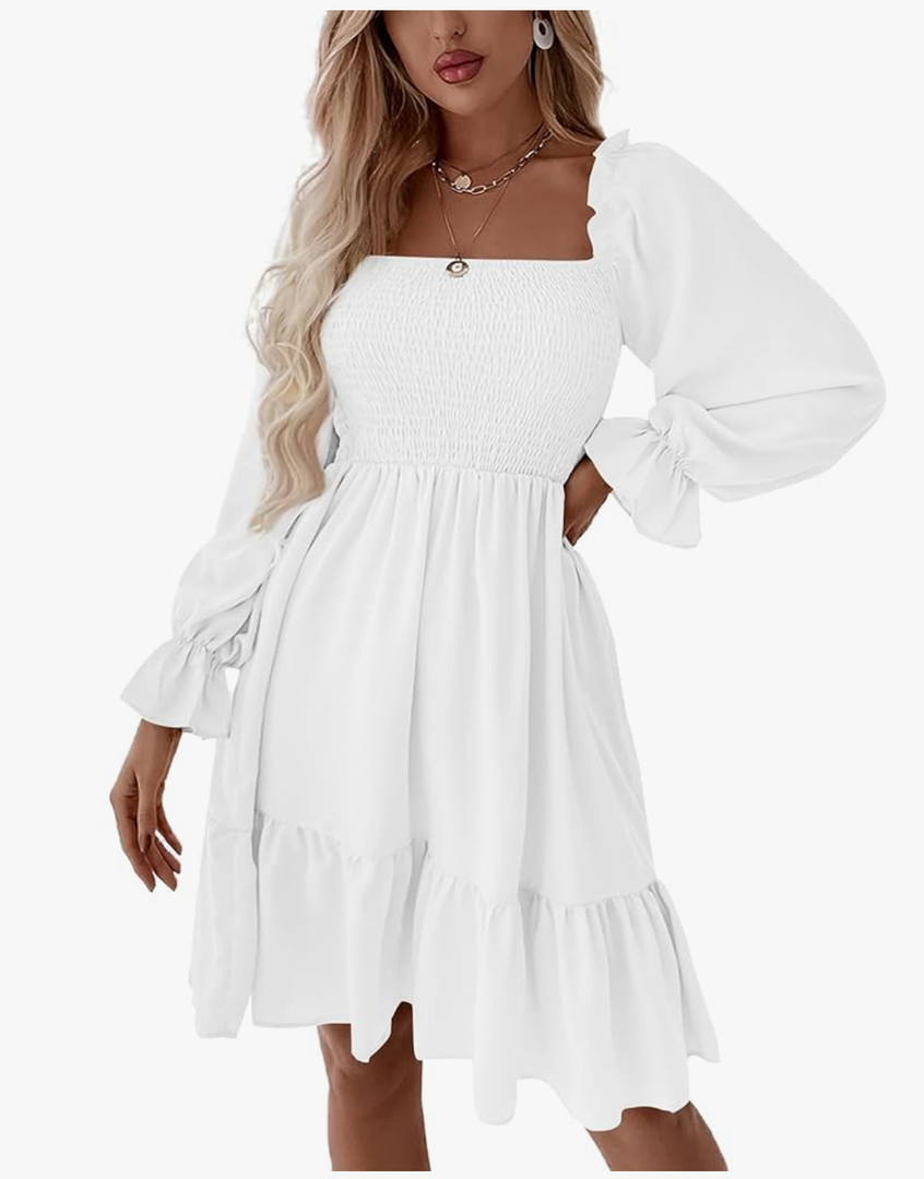 LYANER Women's Square Neck Lantern Long Sleeve Ruffle Shirred Flowy Party Mini Dress, Size L