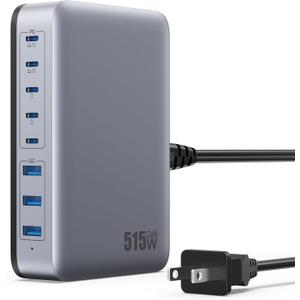 USB C Charger Block 515W[2025 Upgraded] GaN IV 8 Port Fast Charging Station Hub,Dual PD 100W USB C Laptop Charger Compatible with MacBook Pro/Air,iPad,iPhone 16/15,Galaxy S23/S24 Steam Deck Dell XPS