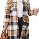 IN'VOLAND Womens Flannel Plaid Shirts Plus Size Long Sleeve Lounge Khaki Brown Long Button Down Jacket Shacket Coats 16W