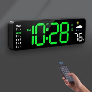 Digital Wall Clock, Digital Clock Large Display with Remote Control, Corded LED Alarm Clocks with Date, Week, Temp, Humidity, Auto DST, Countdown, for Living Room Bedroom Classroom Office (Green)