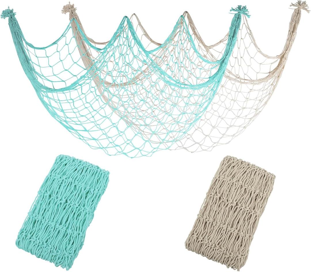 2 Pack Decoractive Fishing Net 80x40 Inch, 3mm Thickness Light Blue+Beige Natural Cotton Large Picture Wall Hanging Fish Net, Party Decorations Fishnet for Nautical Pirate Beach Mermaid Themed Party