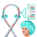 2 x Heatless Hair Curler for Overnight Curls | No Heat Curling Rod Set with Satin Bonnet | Sleep-In Safe Blowout Rods for Frizz-Free Waves Green Tie Dye