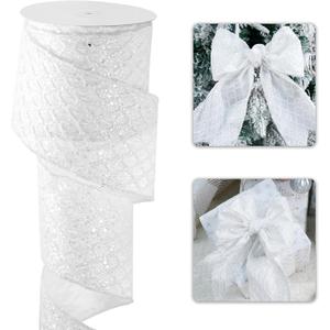 LIZLOVESS White Christmas Ribbon 4" Glitter Mesh Wired Ribbon for Christmas Tree White Diamond Honeycomb Ribbon for Gift Wrapping, Crafts, Wreath Supplies, Garland, Tree Topper Bows - 10 Yards