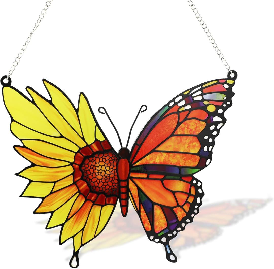 Butterfly Suncatcher Stained Glass, Butterfly Window Hanging Suncatcher Ornament, Insect Suncatcher for Grandma/Mom/Women (Sunflower Monarch)