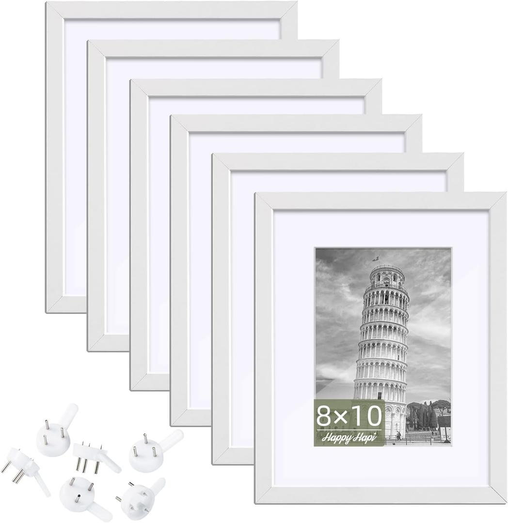 HappyHapi 8x10 Picture Frame Set of 6, 8x10 White Picture Frame Display Pictures 5x7 with Mat or 8x10 Without Mat. Wall Hanging Photo Frame or Tabletop Display Gallery Frame (White) (8 x 10, white*6)